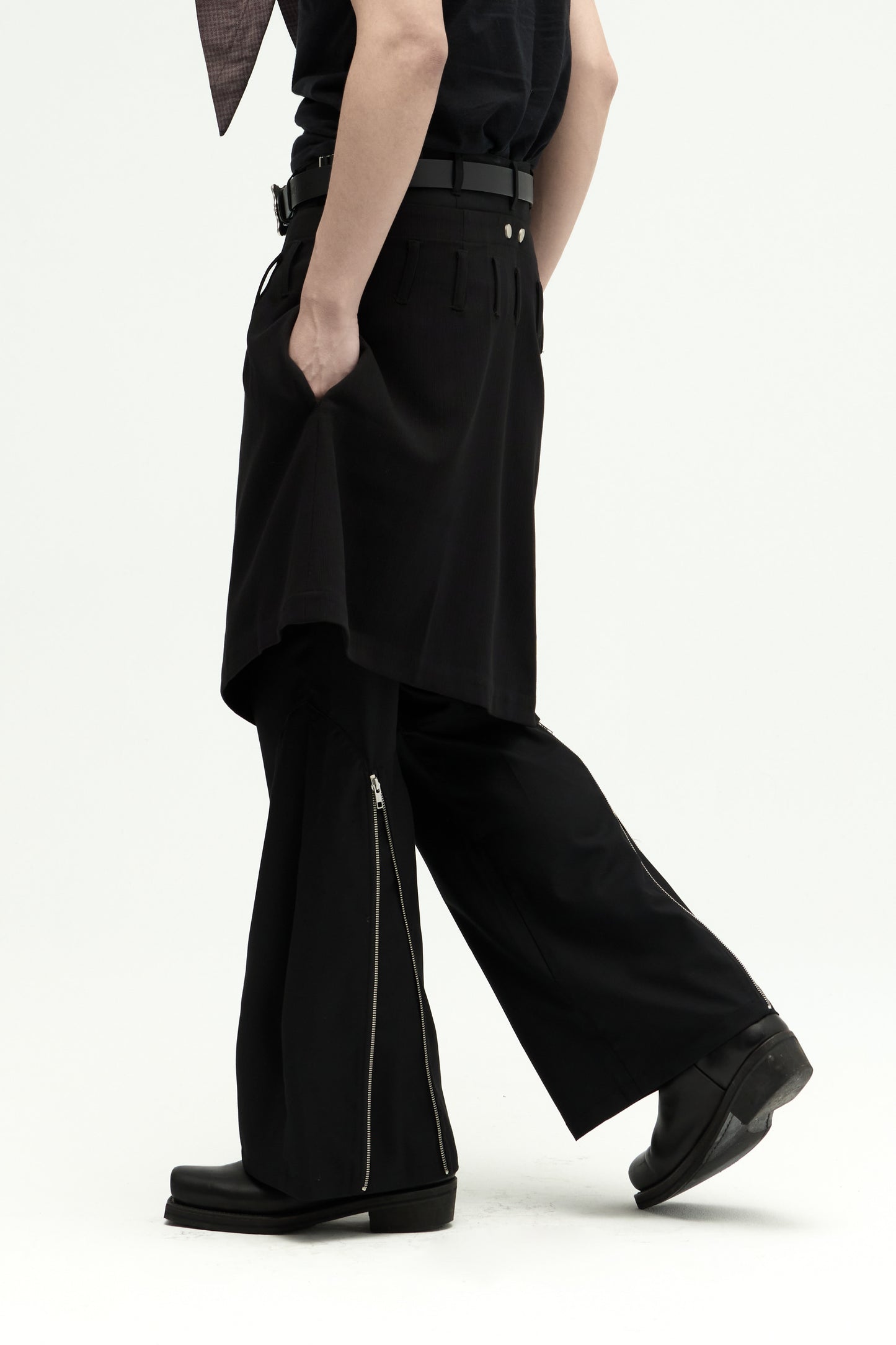 EQUALNEAR - Ammo Belt Flared Pants - Black