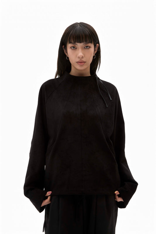ALLENKO3 - Half-Zip Suede Pullover - Black