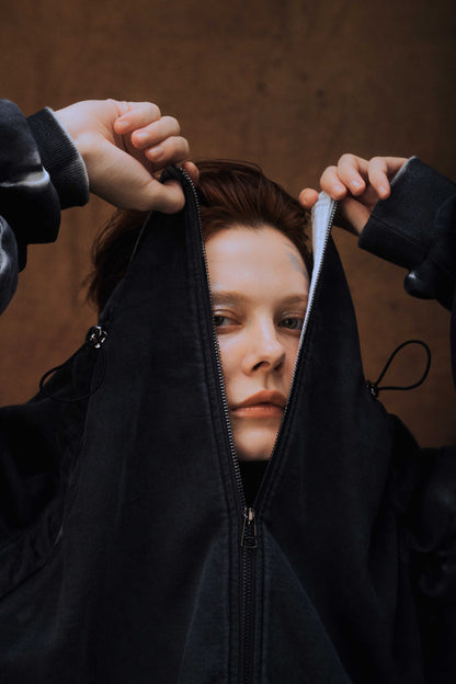 ENCALVE - OVERSIZE “WIERD” ZIPPER HOODIE - Black