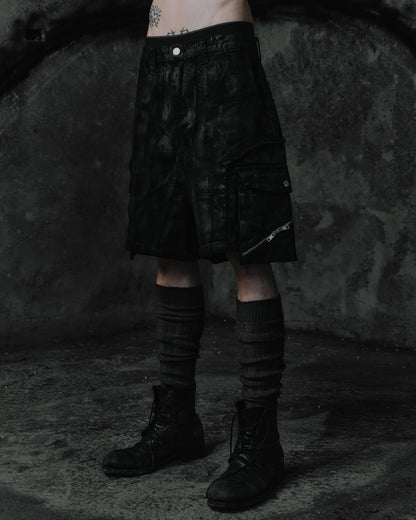 renkè - Coated Slanted Zipper Cargo Shorts