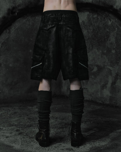 renkè - Coated Slanted Zipper Cargo Shorts