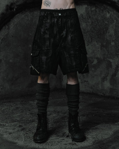 renkè - Coated Slanted Zipper Cargo Shorts