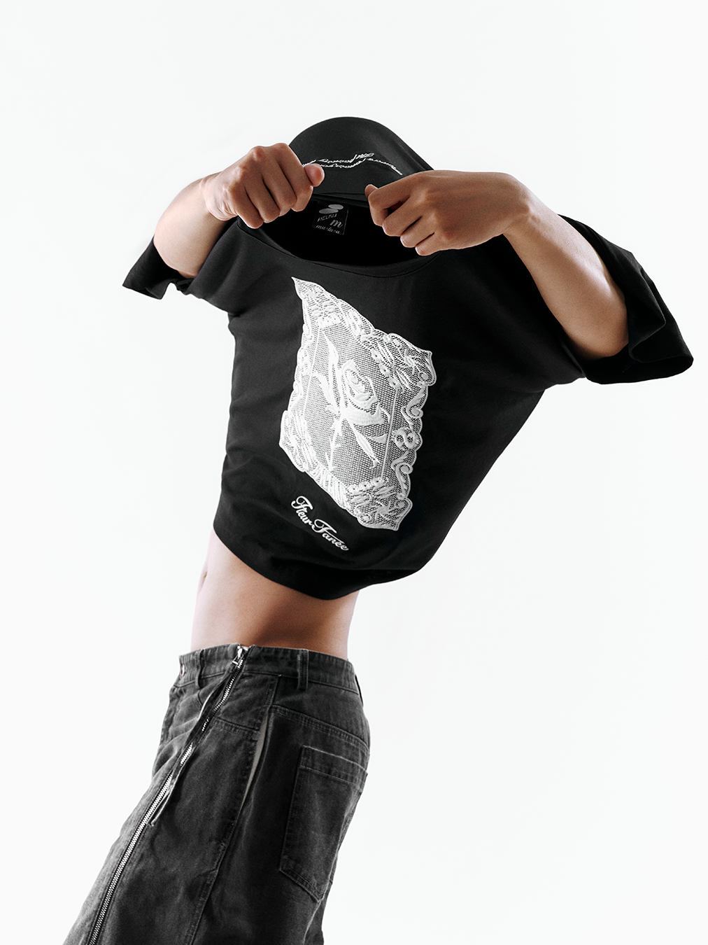 ENCLAVE - LACE-LOOKED EMBROIDERED SHORT-SLEEVE “JUST LIKE T” TEE - Black